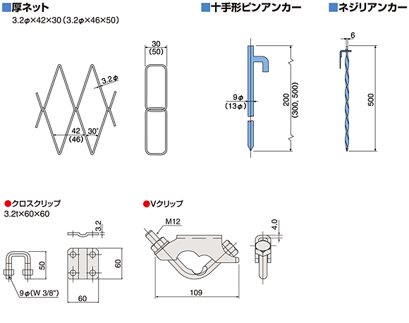 厚ネット・十手形ピンアンカー・ネジリアンカー